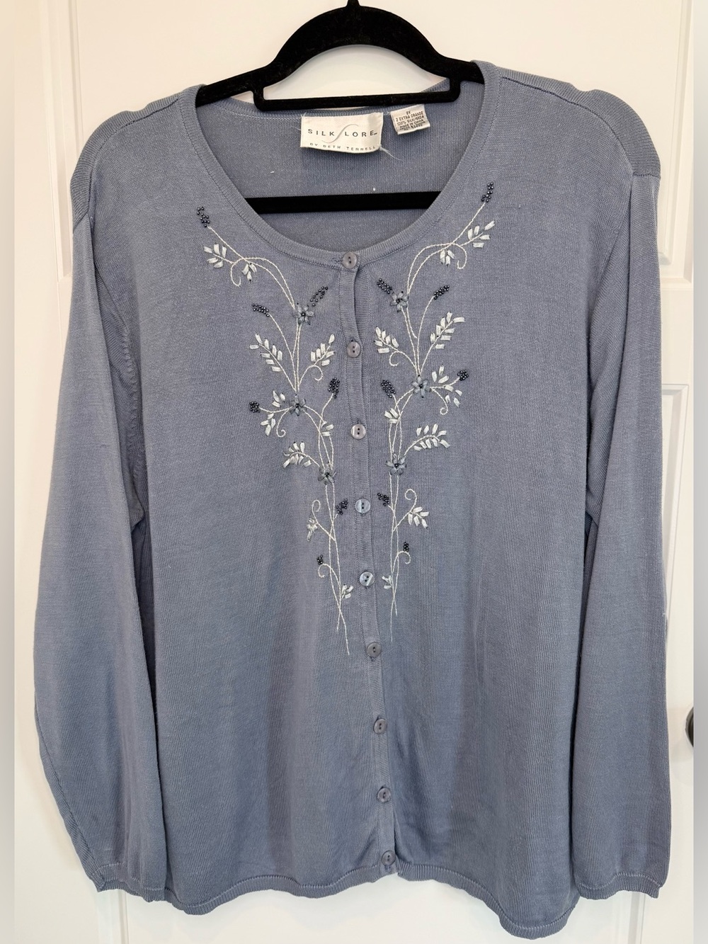 Silklore Cardigan Floral Beaded Blue Embroidered Size 2X Silk Knit VTG Grandma